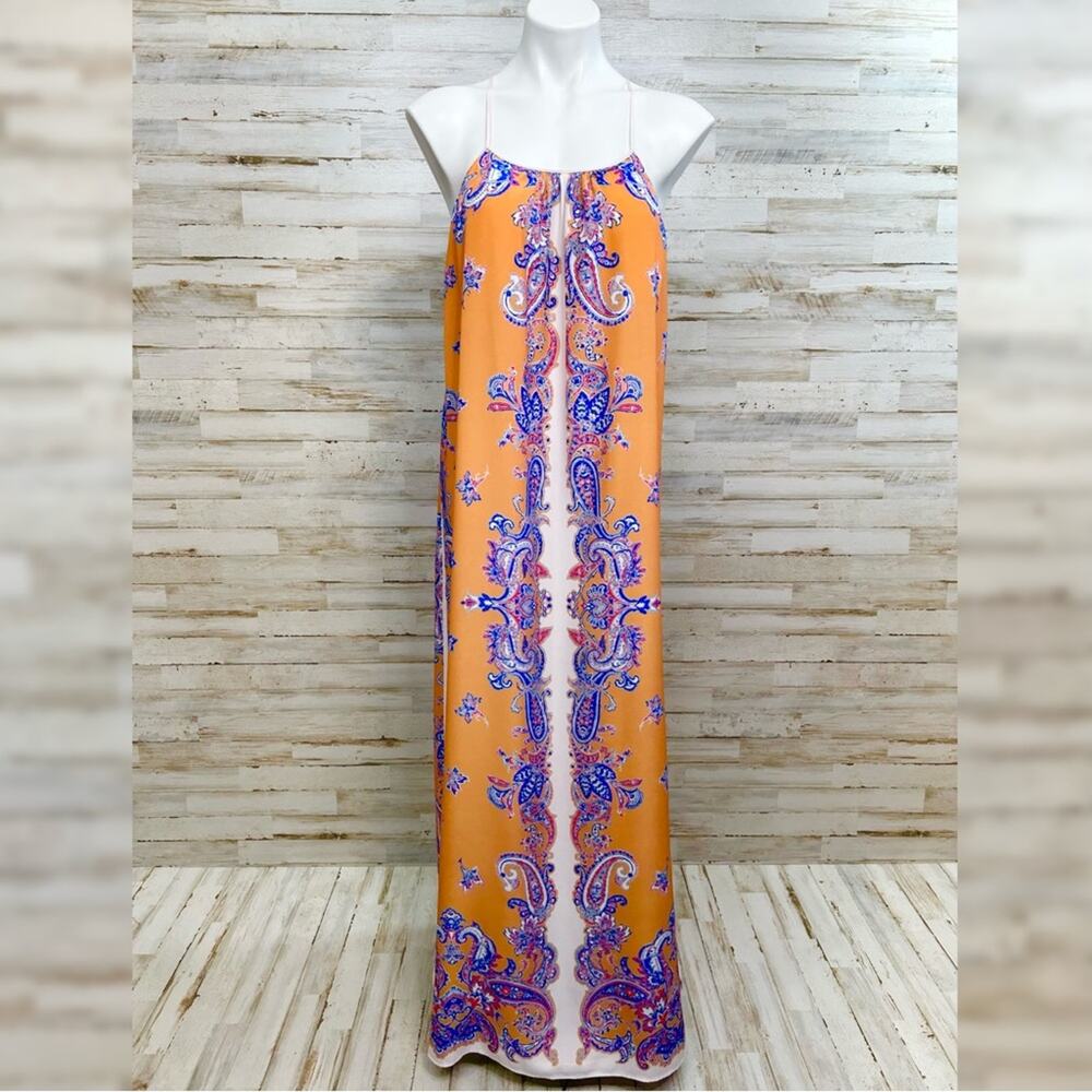 Clover Canyon Halter Scarf Maxi Dress Size S Mustard Gold Blue Sleeveless - Picture 2 of 14